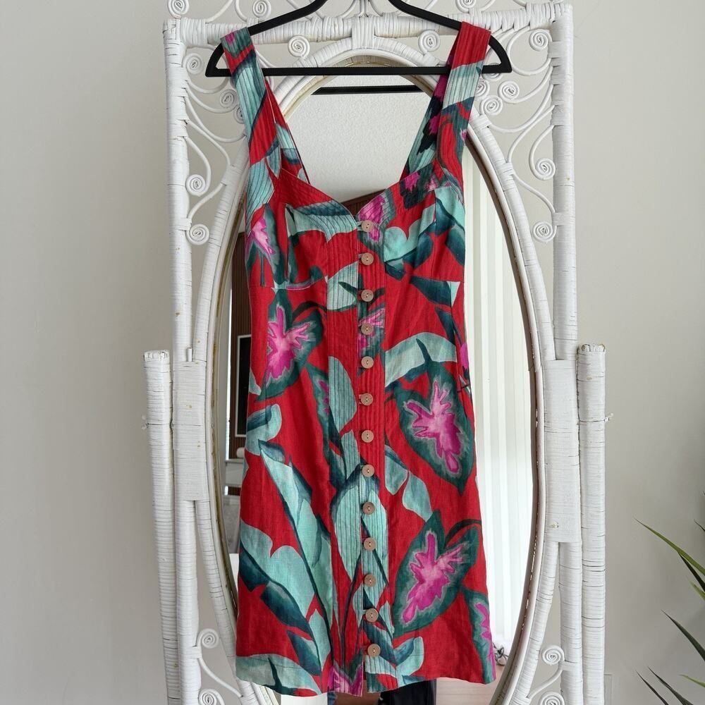 Farm Rio Dress XL Red Floral 100% Linen Tropical Summer Foliage Mini Resort
